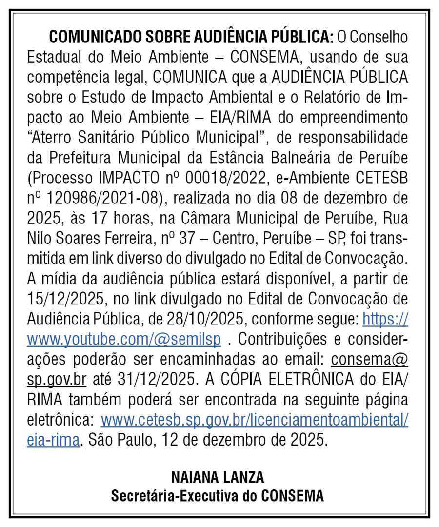 Edital - COMUNICADO SOBRE AUDIÊNCIA PÚBLICA